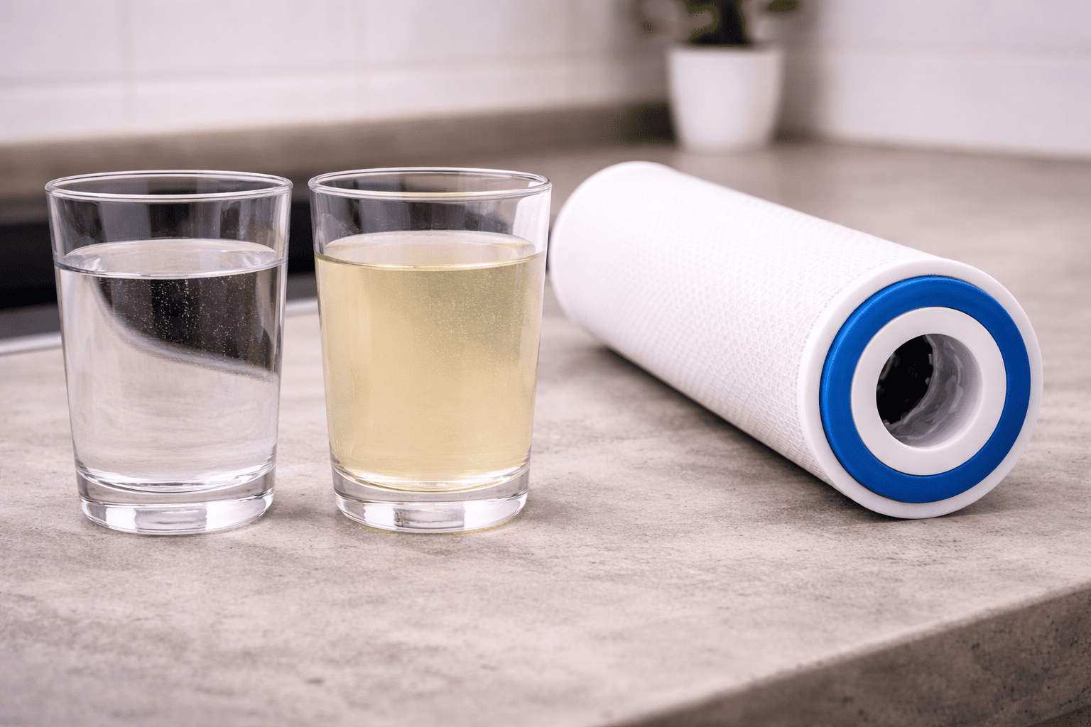 Pohár čistej a znečistenej vody s filtračnou vložkou